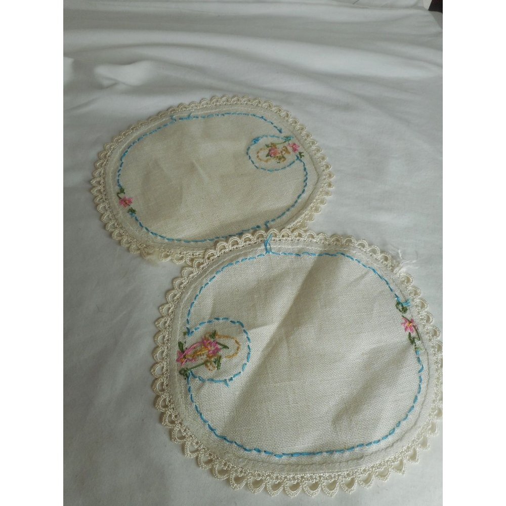 Set 2 Vintage blue pink Floral handmade embroidered Dresser scarf runner doily - Picture 5 of 5